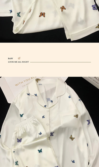 French Elegant Romantic Butterfly Print Women Pajamas Simple Ins Literary Aesthetics Sleepwear 2024 Fall Winter New Y2k Lounges