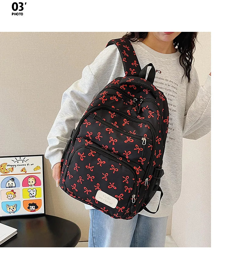 3 Pcs/Set Cute girl Large Capacity Backpack Bow Print Nylon Schoolbag Adjustable Strap Women daily Campus Backpack