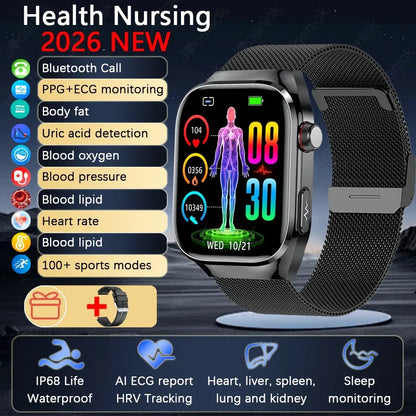 2026 New Professional-Grade Smart Watch Men ECG+PPG Uric Acid Body Fat Health Analysis IP68 Waterproof AMOLED Smartwatch Women