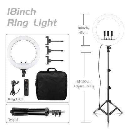 SH 18 Inch Knob Ring Light LED Selfie Video Lamp With Tripod Stand Phone Clip For YouTube Live Lighting Photo Photography Studio