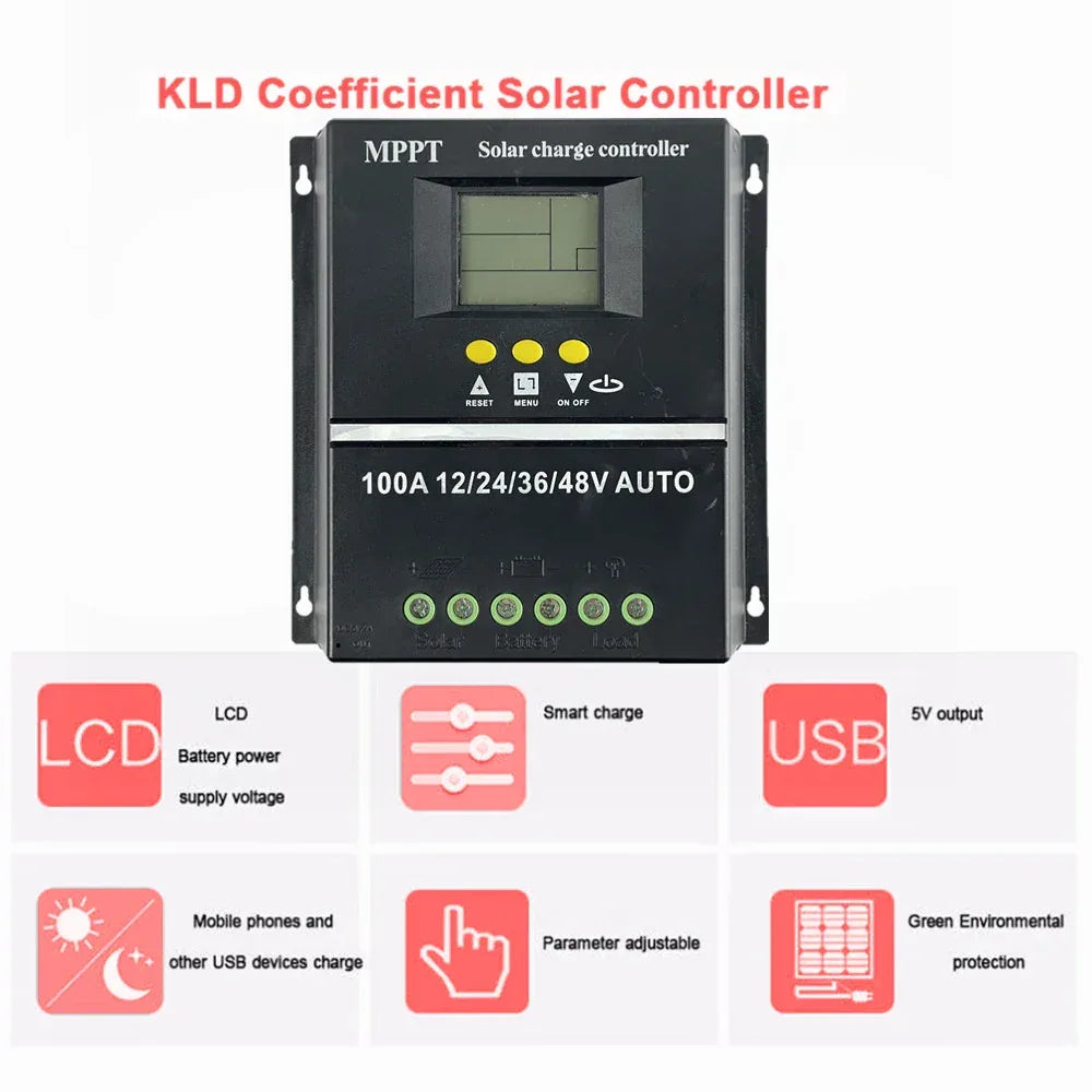 ECGSOLAX 100A 80A 60A 40A MPPT Solar Charge Controller 12V 24V 36V 48V Auto Solar PV Battery Charging Regulator With Dual USB