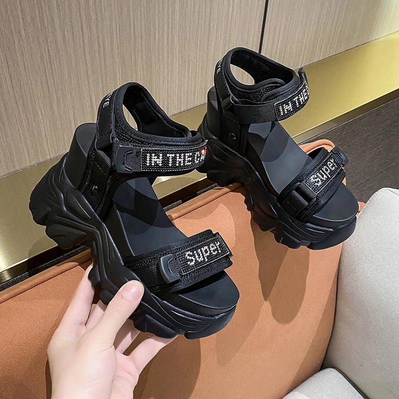 New Summer Black Women High Platform Sandals 11CM Wedge Heels Bling Slippers Peep Toe High Heels White Leather Chunky Flip-Flops