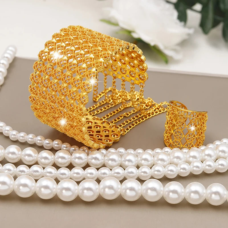 Women's Gold-Plated Hollow Metal Cuff Bangle Alloy Jewelry Set Pearl Ring for Weddings Engagements Personalities' Gift