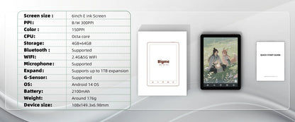 Bigme E-book Reader B6, 6-inch e-ink electronic book, 36-level front light, Android 14 OS built-in Google Play, 4+64GB ereader