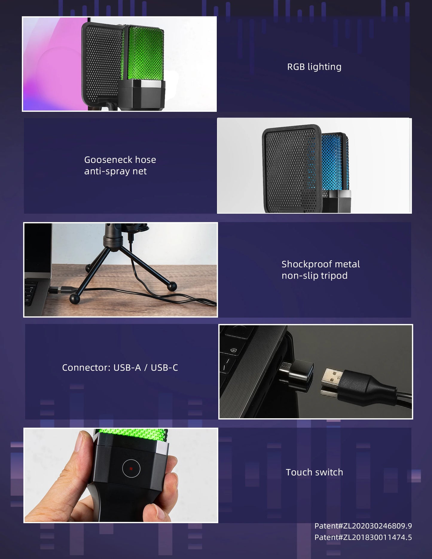 Professional Microphone Condenser Gaming Mic PC Laptop Computer USB Wired Streaming Studio Podcast Mike Kit Gamer RGB PC Karaoke