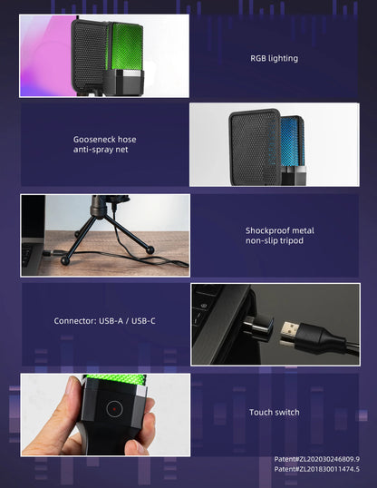 Professional Microphone Condenser Gaming Mic PC Laptop Computer USB Wired Streaming Studio Podcast Mike Kit Gamer RGB PC Karaoke