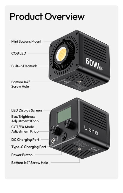 Ulanzi C60 60W COB Video Light Bi-Color Led Light 2500-6500K 3300mAh Mini Bowens Mount for Photography Studio Lighting Live Vlog