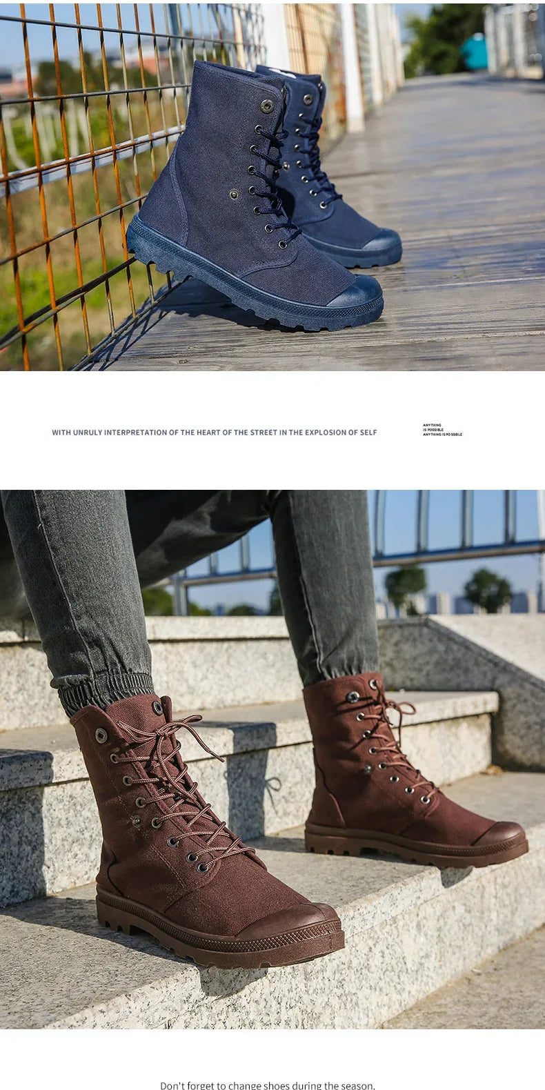 2024 Men's Fashion Canvas Shoes Spring and Autumn Outdoor Shoes Thick-soled High-top Shoes Cuff Shoes Fashion Sports Shoes