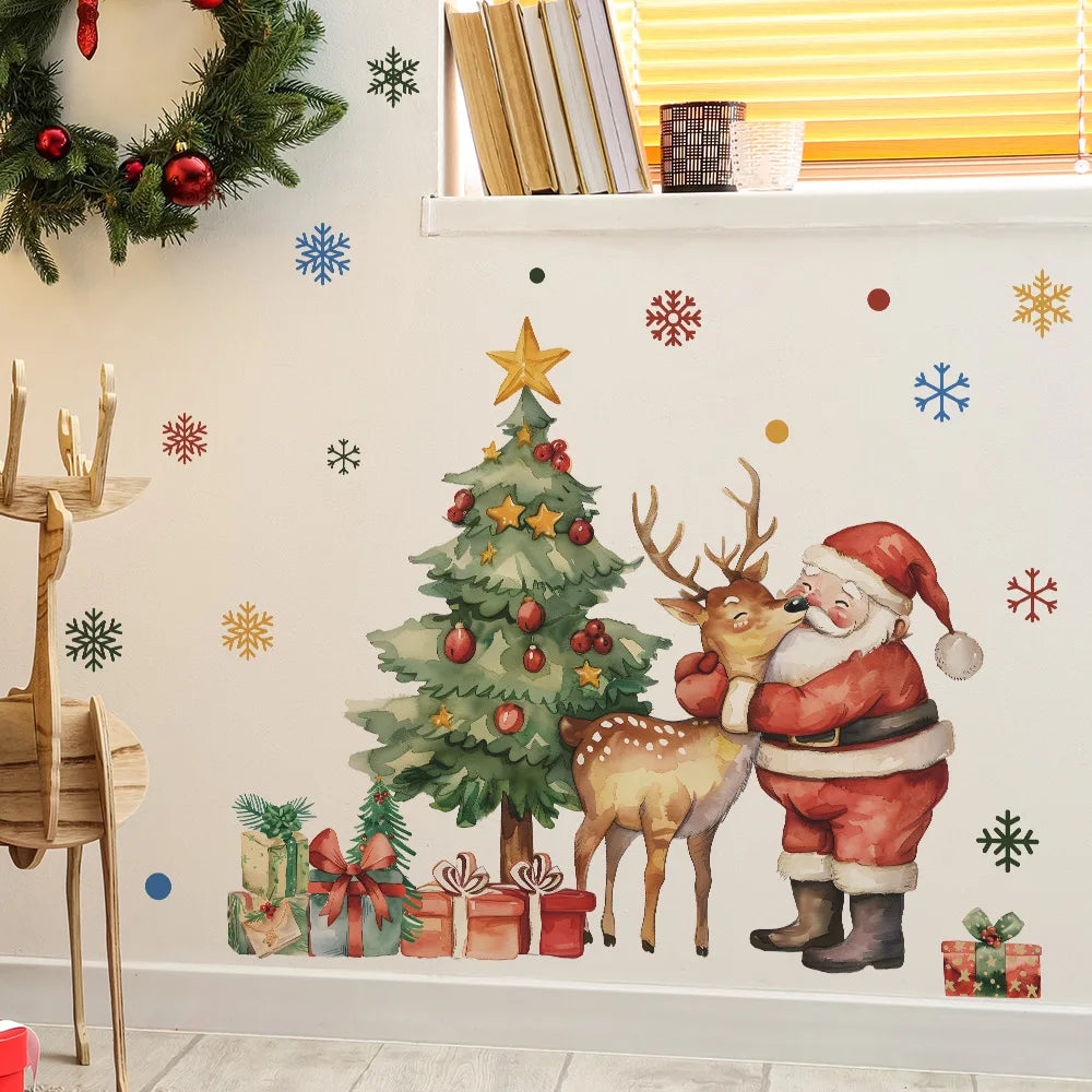Cartoon Santa Claus Elk Wall Stickers Christmas Gifts Living Room Background Home Decoration Festival Mural New Year Wallpaper