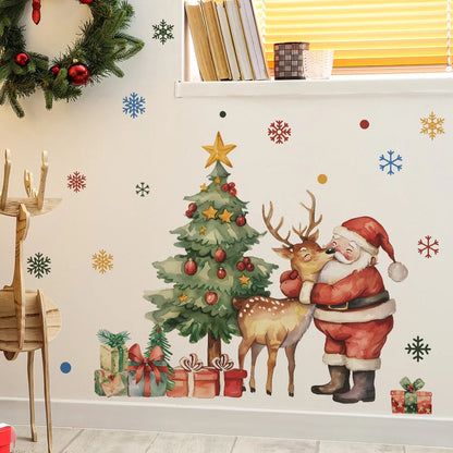 Cartoon Santa Claus Elk Wall Stickers Christmas Gifts Living Room Background Home Decoration Festival Mural New Year Wallpaper