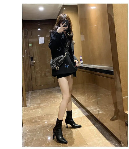 Women High Heel Short Leather Boots  New Boots Female Pointed Thin Heel Boots Ladies Ankle Short Boots Botas De Mujer 2024