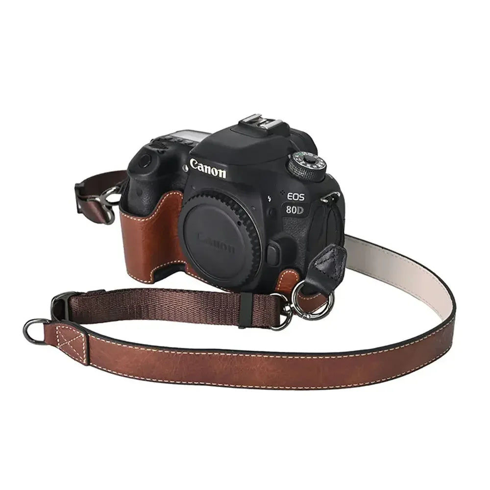 Camera Half Case  PU Leather   for Canon EOS 60D 70D 80D 90D Bottom Opening Magnetic Cover With Shoulder Strap