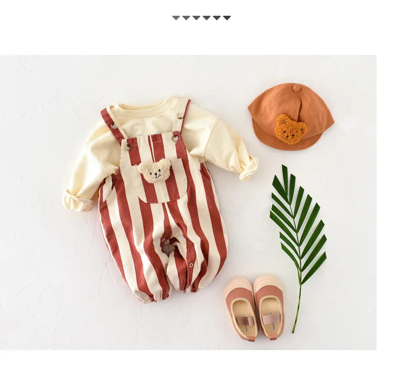 2026 Autumn New Stripe Infant Newborn Clothing Baby Boys Girl Straps Pants Overalls for 0-2Y Cartoon Bear One Piece Jumpsuit