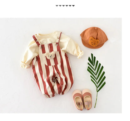 2026 Autumn New Stripe Infant Newborn Clothing Baby Boys Girl Straps Pants Overalls for 0-2Y Cartoon Bear One Piece Jumpsuit