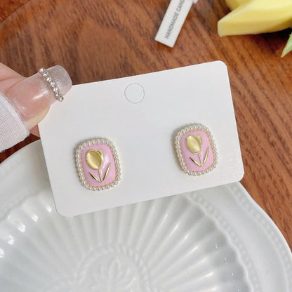 Opal Tulip Flower Pink Color Square Imitation Pearl Stud Earring for Women Korean Sweet Geometric Jewelry Christmas Girl Gift