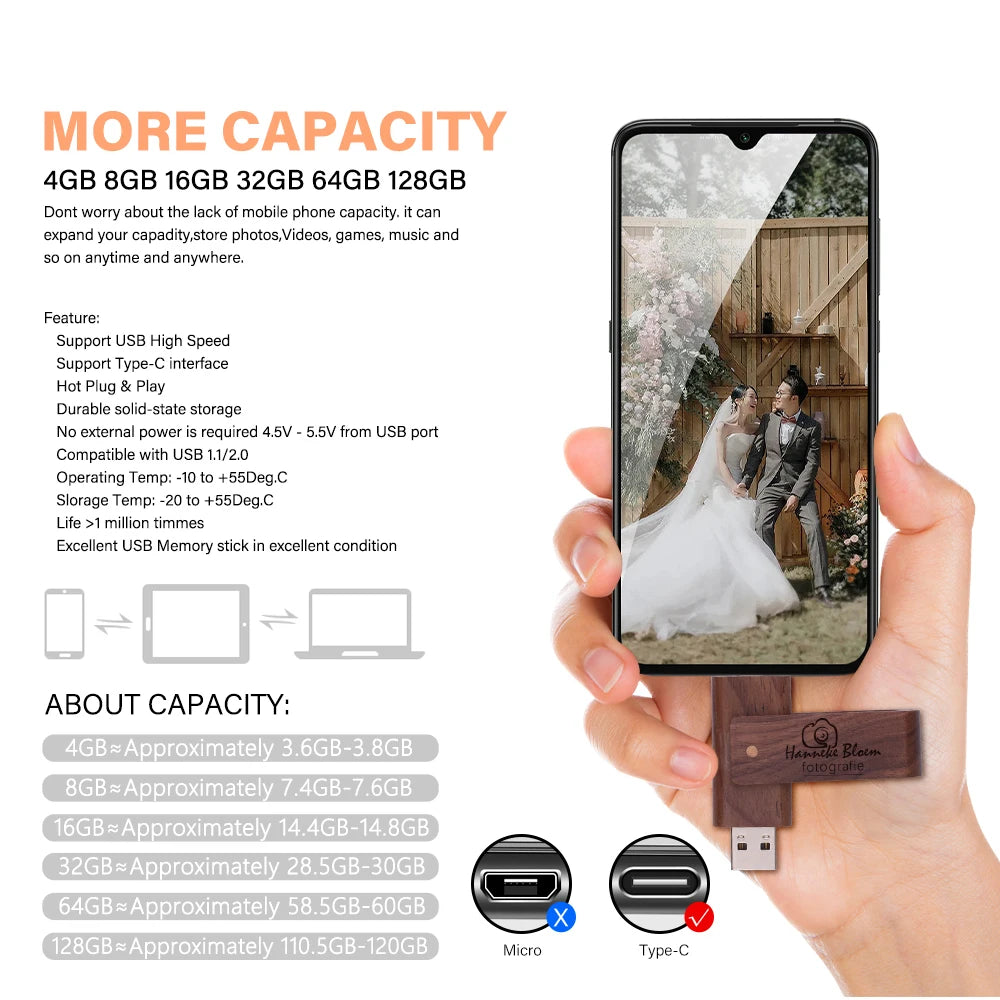 USB3.0 Wooden  TYPE-C Free Custom Logo USB 3.0 Flash Drive 128GB Rotatable Pen Drive 64GB Memory Stick Creative Gift Pendrive