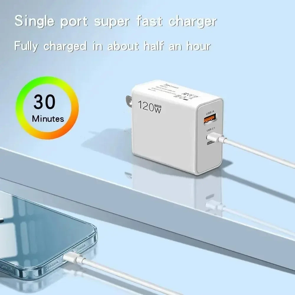 120W USB Fast Charger With Type C Cable Fast Charging Adapter For iPhone 16 Samsung Xiaomi Huawei PD Cell Phones Quick Charger