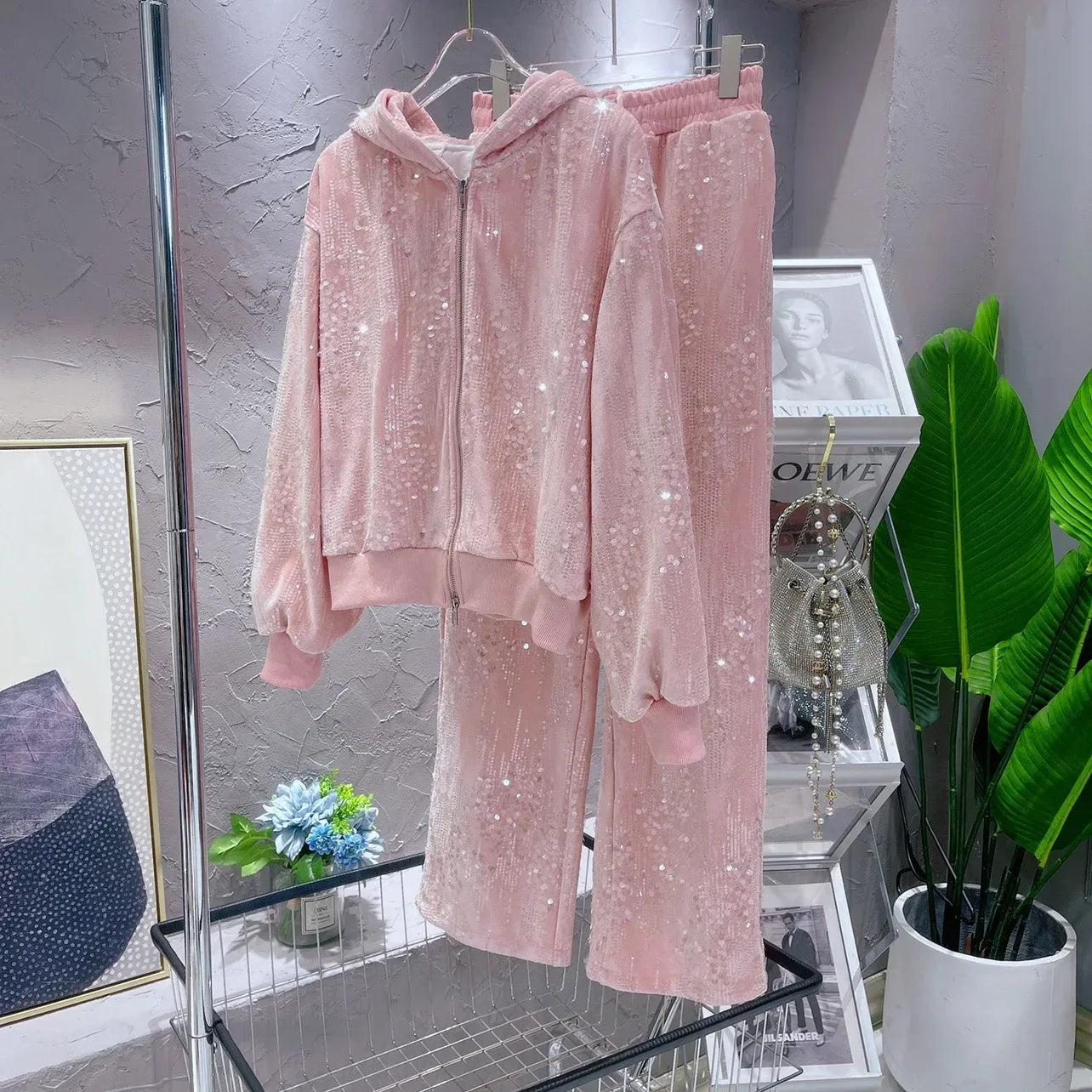 Fashion Pink Casual Suit for Women Autumn Winter New Gold Velvet Sequins Pearl Embroidery Sweatshirt Sports Pants Two-Piece Sets