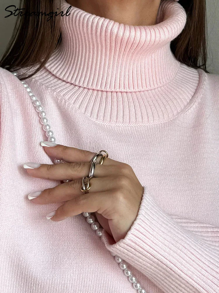 Winter Pink Turtleneck Sweaters Women Oversized Autumn Warm Women's Jumper Loose Basic White Turtleneck For Women Pullovers