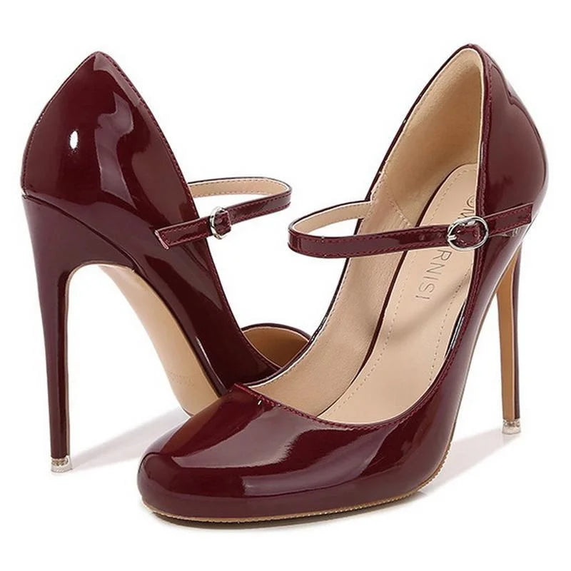 Women Patent Leather High Thin Heel Shoes Ankle Strap Women Pumps for Office Nightclub Party Wedding Cross Dressing Wide Shoes