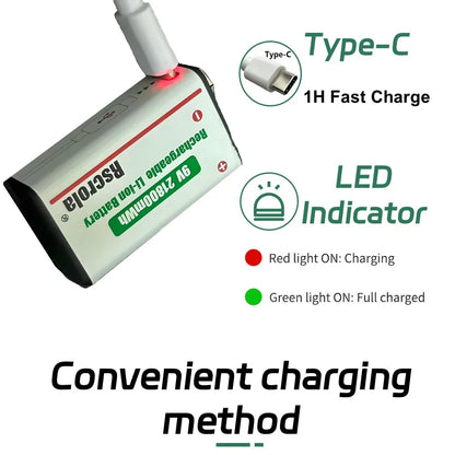 Rechargeable 9V Battery USB-C Charge,21800mWh Long-lasting 9V Li-Ion Battery with Free Cable,for Smoke Alarm,Camera,Clocks,Audio