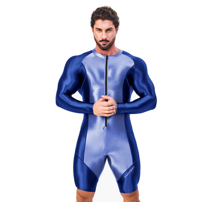 AMORESY Atticus Series Men Glossy Smooth Patchwork High Stretch Long Sleeve Knee Length Tracksuit Jumpsuit Bodysuit Fitness Gym