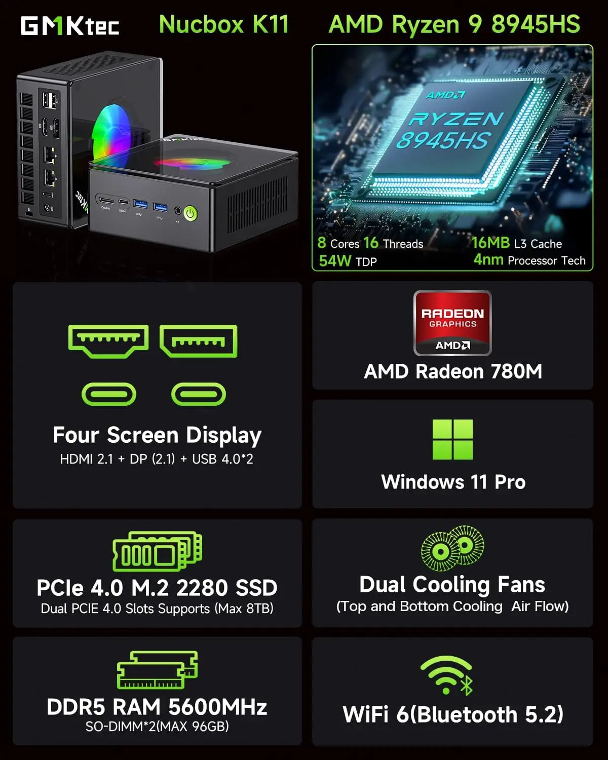 GMKtec K11 Mini PC AMD Ryzen 9 8945HS PC Gaming OCuLink DDR5 5600MHz 16GB/32GB RAM 512GB/1TB SSD Barebone USB4 Dual 2.5G LAN
