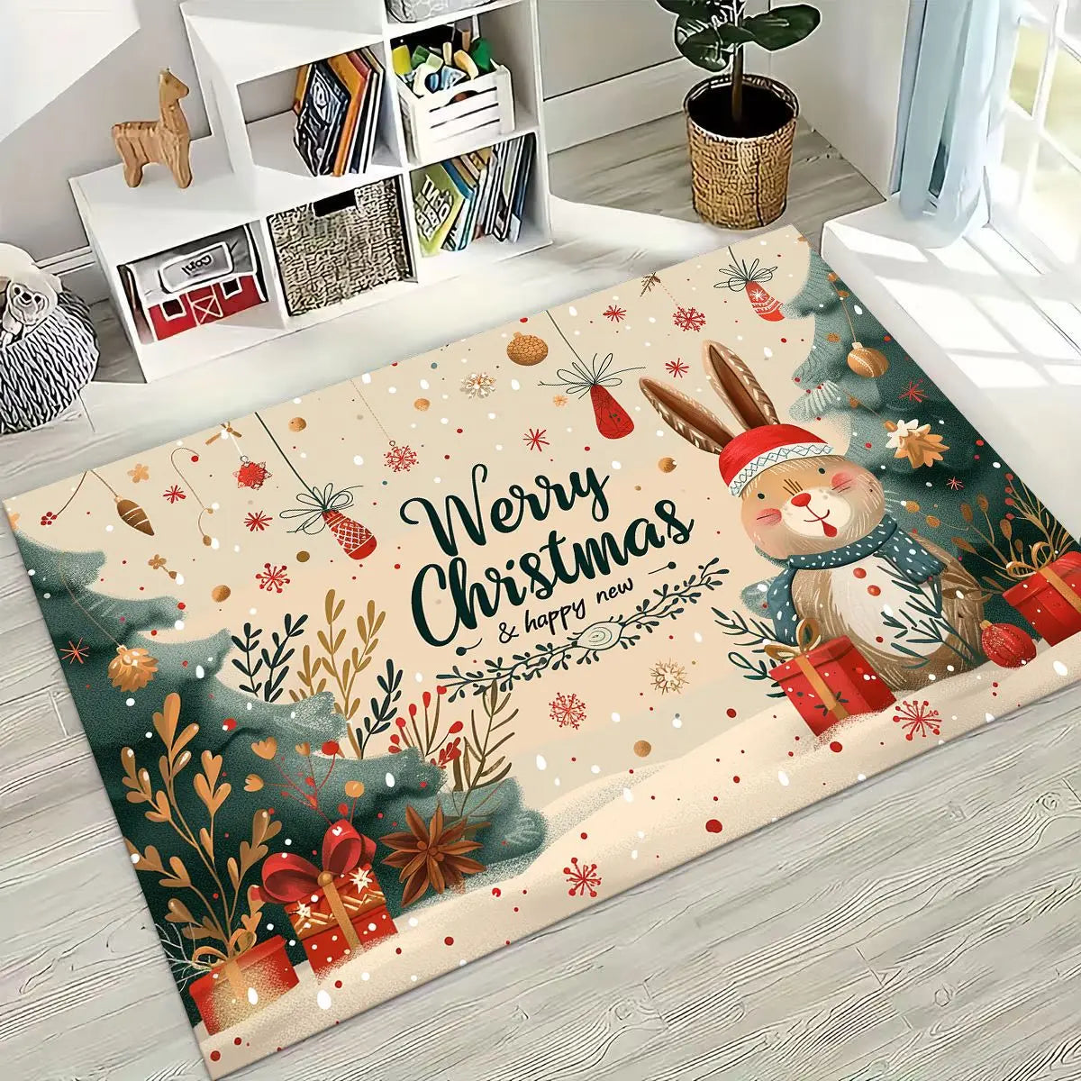 Happy New Year Merry Christmas Tree Santa Claus Cartoon Gift Carpet Rug for Bedroom Living Room Sofa Home Doormat Decor,Non-slip