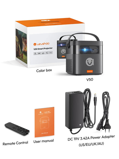 VEVSHAO V50 400ANSI DLP Projector Airplay Miracast 15000mAh Battery Android 9.0 TOF Focus 3D Portable Outdoor Movie Projector