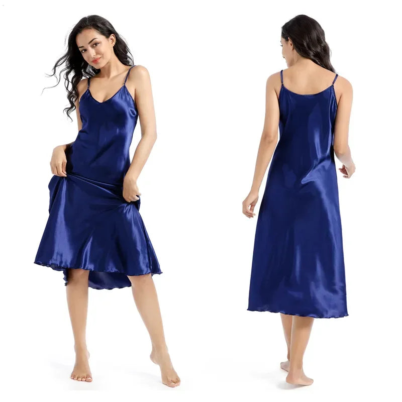 Elegant Female Long Nightgown Sleepwear Sexy Patchwork Lace Backless Nightdress Lingerie Summer New Silk Satin Homewear Nighty