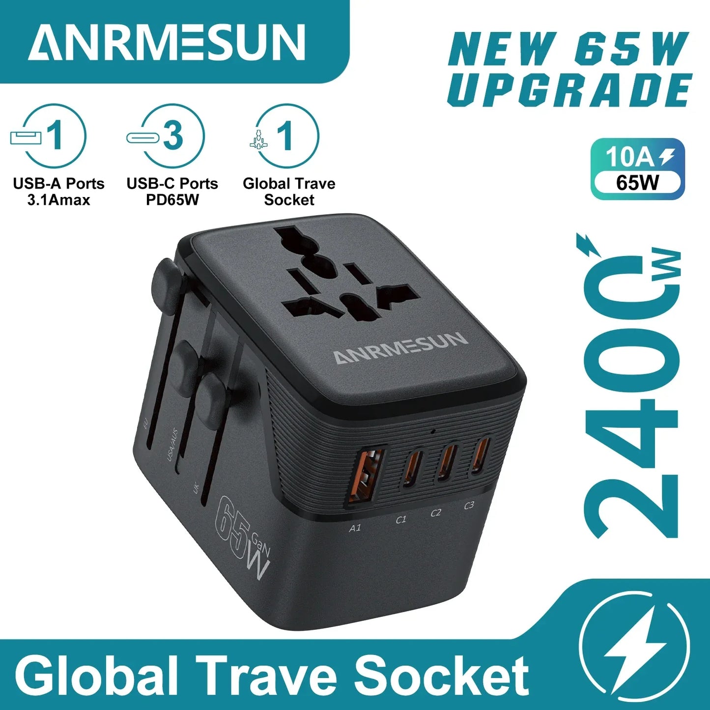Global Universal Conversion Travel Plug 2 Type-C Sockets EU US AC Power Travel Adapter PD 65w 45w 25w Travel Plug Fast Charging