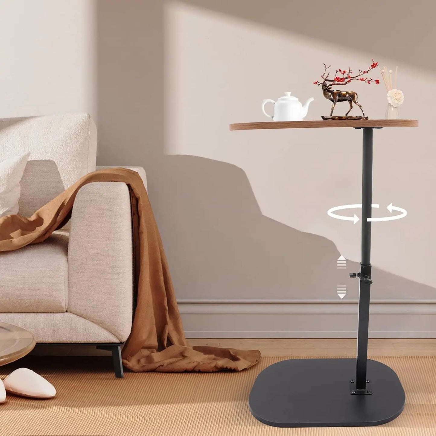 Height Adjustable Coffee Table, C-Shaped Side Table, 360° Swivel and Multi-Angle Tilt for Living Room, Office, Bedroom (Wood)