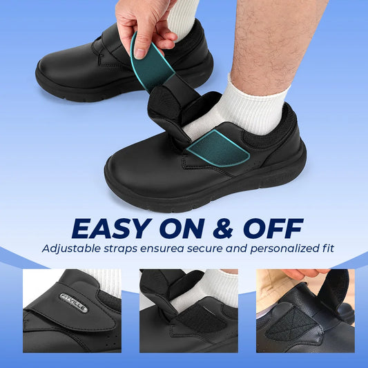 FitVille Extra Wide Men's Shoes Leather Diabetic Shoes Walking for Elder Orthopedic Toes Swollen Feet Non-Slip Arch Support