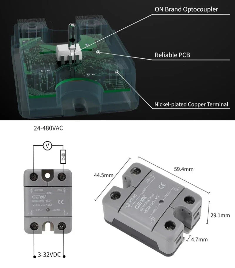 GEYA Single Phase Solid State Relay SSR 10DA 25DA 40DA Relay DC to AC 3-32V Input DC & 24-480VAC Output  VSR8