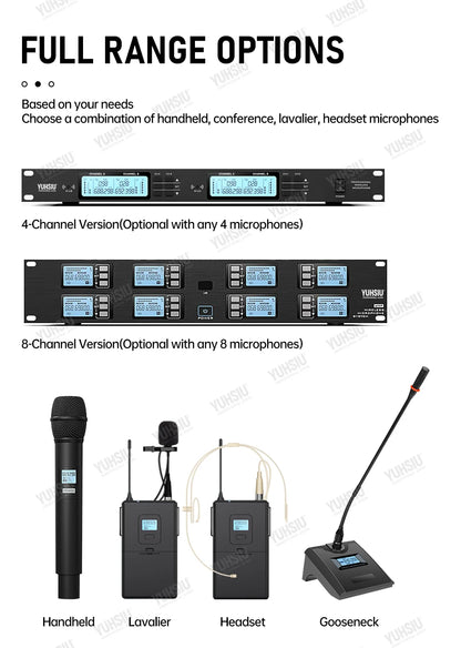 YUHSIU Professional UHF Wireless Microphone 8 channels Handheld lavalier Headset FM Mic For stage performance Band conference