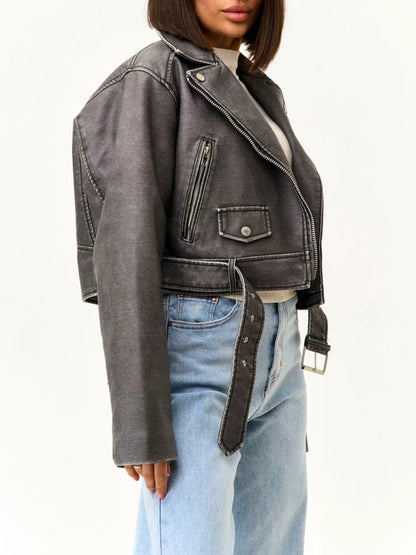 Veste courte ample vintage pour femme Ailegogo en similicuir PU, style vintage, idéale pour le printemps et l'automne. Fermeture éclair et ceinture intégrées. Manteau motard.