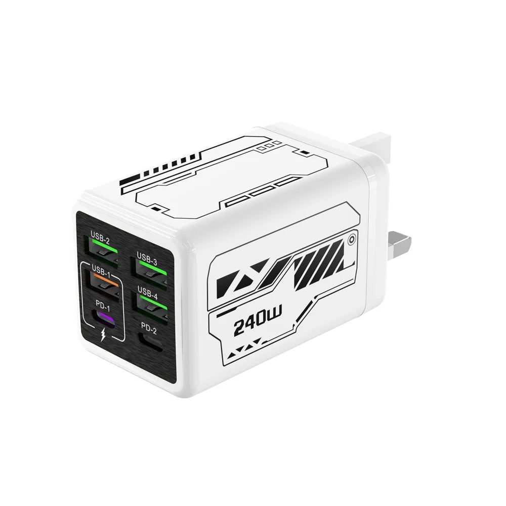 240W 6 in 1 USB C Charger Fast Charging PD3.0 QC3.0 Mobile Phone Travel Wall Adapter for iPhone17 Samsung Xiaomi Huawei EU UK US