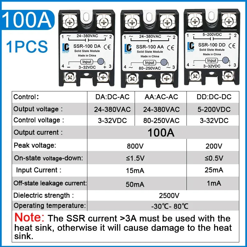 LCTC 1PCS SSR Solid State Relay DC To AC AC To AC DC To DC 10A 25A 40A 50A 60A 80A 100A Non-contact Relay 3-32VDC