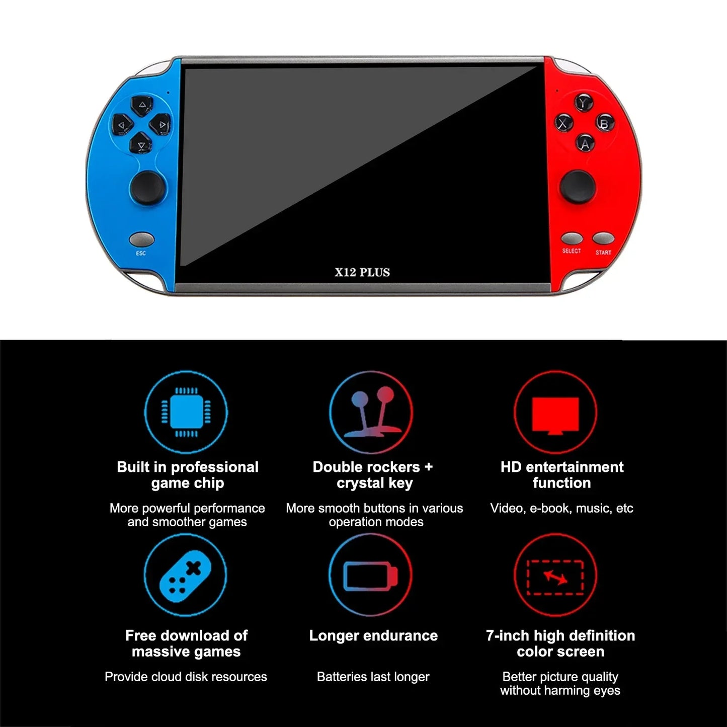 X12 Plus Portable Gaming Console, 7.0-inch HD screen, Portable Audio-Video Player, Classic Games, Over 10,000 Free Built-in Game