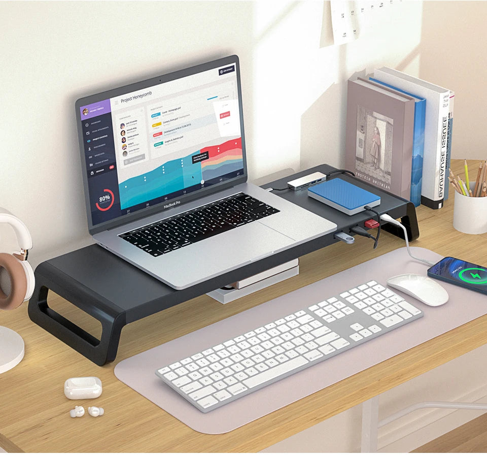 Computer Monitor Stand with 4 USB 3.0 Ports Durable Metal Monitor Support PC Keyboard Organizer Laptop Desktop Black Desk Stand