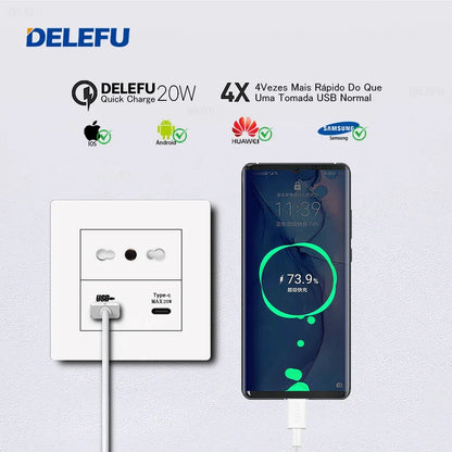 DELEFU86 PC White Flame Retardant Panel Italy Standard Wall Socket USB Type C Socket German Italian Socke EU Socket