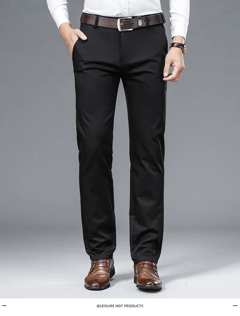 Autumn Classic Style Men's Beige Business Straight Casual Pants Stretch Cotton High Waist Solid Brand Trousers Khaki Green Black