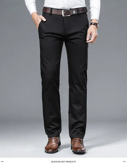 Autumn Classic Style Men's Beige Business Straight Casual Pants Stretch Cotton High Waist Solid Brand Trousers Khaki Green Black