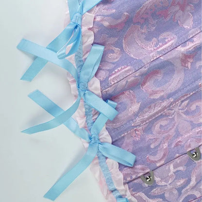 A lake blue dress with a flower patterned corset and a cinched waist for slimming ladies