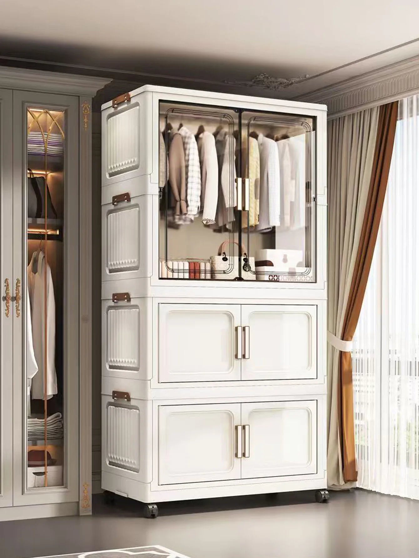 Multi-Functional Folding Storage Cabinet for Home Office Kitchen Bathroom Organizer with Doors White Black Gray