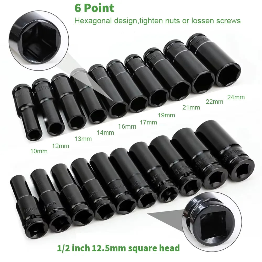 10pcs Impact Socket Set 1/2” Drive Hex Spanner Deep Sockets 10-24mm Pneumatic Wrench Head Tire Removal Tools