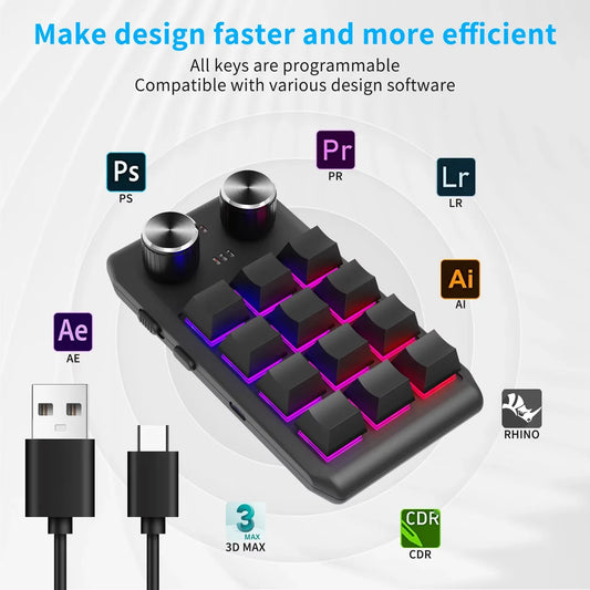 12 Key 2 Knob Mini Macro Custom Keyboard Bluetooth/3 Modes Programming Mechanical Keyboard Gaming Drawing Switch Hot-swap Keypad