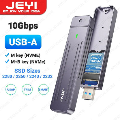 JEYI M.2 NVMe(USB 3.2 10Gbps)Direct-attach  Enclosure,USB-A Plug In-line Aluminum 2242 2280 SSD Case With Magnet Protective Case