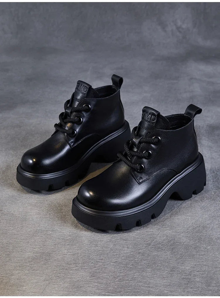 DRKANOL Luxury Design Genuine Leather Ankle Boots For Women Platform Casual Short Boots Women Winter Thick High Heel Warm Shoes