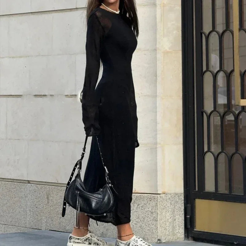 Spring Autumn O-Neck Elastic Knit Long Dresses Women 2024 Elegant Chic Soft Lady Hollowing Sweater Dresses Femme New